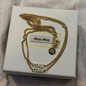 Miu Miu Crystal Logo Double Chain Necklace Gold Tone Adjustable